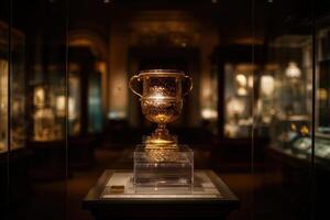 Golden ornate trophy encased on a transparent pedestal, surrounded by dimly lit museum display cases. The intricate design reflects light, highlighting its luxurious craftsmanship photo