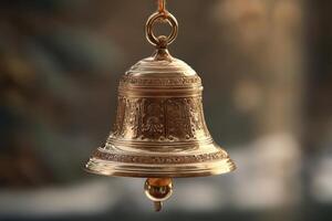 Intricately detailed brass bell with ornate designs, hung by a loop, glows warmly, capturing light beautifully with a soft, out-of-focus background and a rich golden hue photo