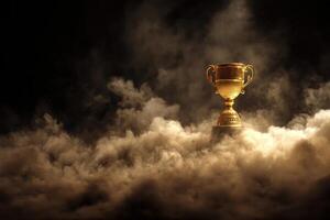 Golden trophy stands prominently among swirling, dramatic clouds of smoke, creating an impression of triumph and glory. The scene exudes a sense of achievement, mystery, and elegance photo