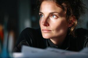 Woman with wavy hair gazes thoughtfully into distance, face illuminated by soft light, wearing dark sweater. Blurred foreground elements frame her contemplative expression photo