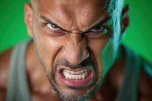 A muscular man in a sleeveless shirt displays an intense, angry expression, with eyes wide open and gritted teeth. His face is prominently focused in a close-up shot, capturing raw emotion photo
