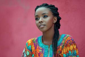 Young woman with braided hair in vibrant ethnic attire featuring intricate patterns on her top, gazes slightly to the right, set against a smooth pink background photo