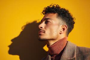 Young man with curly hair and a beard gazes sideways against a bright yellow background. He wears a checkered coat over a turtleneck, casting a shadow on the wall behind photo