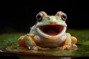Colorful tree frog with big eyes and open mouth sits on a green leaf. The frog's orange and green hues are vibrant, and its amphibian features are accentuated in great detail photo
