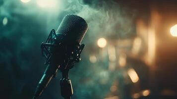 Microphone in focus against a blurred backdrop of moody lights and ambient smoke, creating a dramatic and atmospheric scene. Perfect for music, performance, and audio themes photo