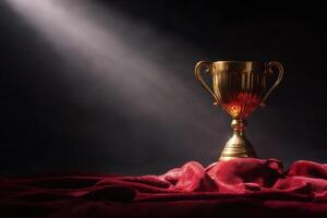 Golden trophy cup standing on luxurious red velvet drapery with dramatic lighting highlighting its reflective surface, evoking a sense of achievement and elegance photo