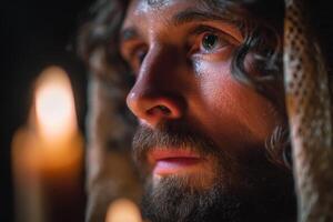 Curly-haired person with a beard gazes contemplatively. Warm candlelight casts a soft glow, creating a serene and introspective mood, highlighting facial features and textures photo