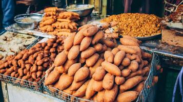 Street vendor displaying fried pastries in a vibrant market. Tempting treats for sale in a bustling scene. photo
