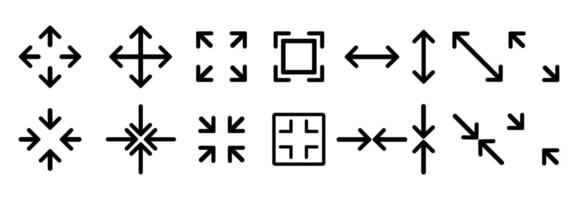 Large big screen display icon set Compact scalability arrow mark full screen display screen size inch Minimize and maximize small and big display LCD line icons isolated illustration vector
