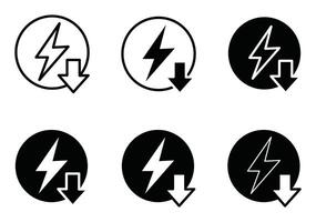 Energy reduction icons in black and white circular symbols with lightning bolts and down arrows design vector