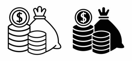 Line Art and Solid Icon Set of Stacks of Coins with Money Bag vector