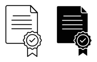 Document Certification Icons Line and Solid Style Illustrations of Approved Document with Check Mark Seal vector