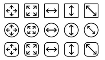 Collection of Arrow Icons Illustrating Resize and Movement Directions in Square and Circular Frames vector
