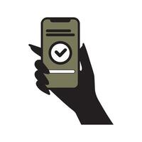 A hand holding a smartphone displaying a confirmation checkmark on a green screen vector
