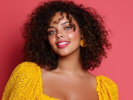 Smiling woman with curly hair wearing a bright yellow top and matching earrings, looking confidently at the camera. Her makeup is natural with a rosy lip shade photo
