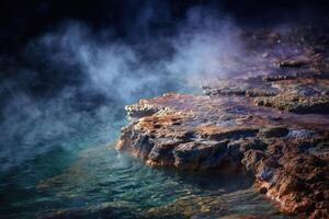 Steaming geothermal pool with mineral-rich, rocky edge. Mist rises above the surface, creating an ethereal atmosphere. Gradient of turquoise water contrasts with earthy crust photo