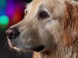 Golden retriever with wet fur looks right, expressive eyes and nose prominent, colorful lights softly blurred in background, creating vibrant atmosphere, showcasing dog's detailed features photo
