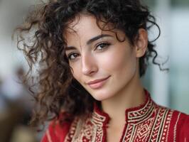 Curly-haired person smiling subtly, wearing detailed red top with intricate embroidery. Background softly out of focus. Expression exudes warmth and confidence photo