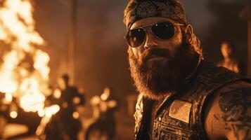 Bearded man with sunglasses and bandana in focus, wearing denim jacket with tattoos visible on arm fiery background with blurred figures on motorcycles adds dramatic effect photo