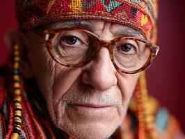 Older individual with glasses and colorful, patterned headscarf looks intently towards the camera. The expression is serious, and the eyeglass frame is tortoiseshell style photo