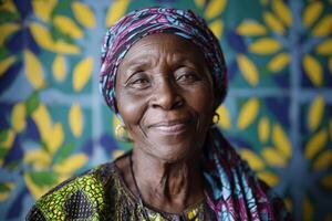 Elderly woman wearing a colorful headscarf and patterned dress, smiling softly with a serene expression. Background features a vibrant leaf pattern with blue and yellow hues photo