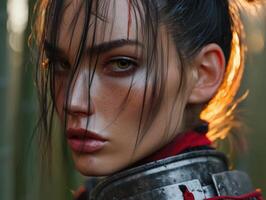 Intense portrait of a young woman with wet hair partially covering her face, captivating eyes, dramatic makeup, and a red outfit with steel elements, set against a blurred background photo