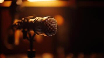 Close-up of a microphone with a textured surface, highlighted by warm lighting. The frame focuses on the microphone head, with the stand slightly blurred, creating a dramatic ambiance photo
