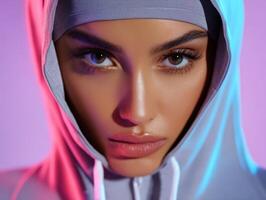 A woman with intense eyes, wearing a gray hood and headscarf, is highlighted by vibrant blue and pink lighting. Her expression is serious and her face is illuminated with a soft glow photo