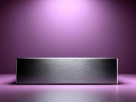 Silver metallic rectangular block centered on purple surface and background, with soft gradient lighting. The block has a brushed texture reflecting light, creating a sleek appearance photo