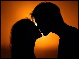 Silhouette of a couple kissing against a vibrant orange sunset. The soft glow outlines their profiles, creating a romantic and intimate atmosphere. No identifiable text present photo