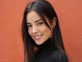 Young woman with long dark hair smiles warmly, wearing a black turtleneck and gold hoop earrings. She looks directly at the camera with an orange background behind her, creating contrast photo