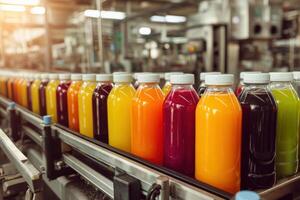 Colorful bottles of juice in various shades of yellow, orange, red, and green are lined up on a conveyor belt in a factory setting, suggesting a production process in progress photo