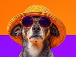 Dog wearing orange sunhat and sunglasses, gazing forward with a focused expression. Background split horizontally into bright orange and purple sections. No text present photo