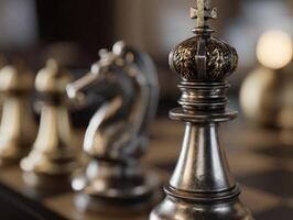 Silver chess pieces are meticulously arranged on a wooden board, featuring an intricately designed king and a detailed knight in focus, with blurred background for depth photo