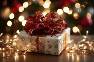Gift wrapped in white paper with golden snowflakes, adorned with a large, shimmering red ribbon. Surrounded by glowing string lights, creating a festive and warm atmosphere photo