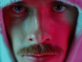 Close-up of a person with green eyes and a mustache, partially covered by a white hood, with dramatic red and blue lighting creating a mysterious and intense atmosphere photo