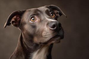 Brown dog with soulful eyes looking upwards, ears perked, showcasing a shiny, smooth coat under soft lighting, against a neutral backdrop. The dog's expression is curious and attentive photo