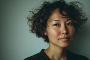 Curly-haired person with a calm expression gazes at the camera. The individual has short, wavy hair with loose curls and is wearing a dark top. Light falls softly on the face, creating a serene mood photo