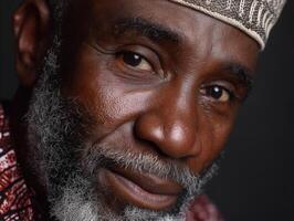 Elderly man with a textured cap and expressive eyes gazes thoughtfully. His face shows deep character lines, white beard contrasting against his dark skin, wearing a red patterned garment photo