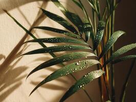 Sunlit green leaves adorned with glistening water droplets cast soft shadows on a neutral surface, creating a serene and fresh atmosphere, emphasizing natural beauty and tranquility photo