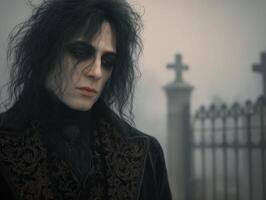 A solemn figure with long dark hair and pale skin, dressed in ornate dark clothing, stands in a foggy graveyard with crosses and wrought iron fencing in the background photo