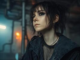 Moody portrait of a young person wearing dark makeup and clothing, set against an industrial backdrop with visible pipes. Dramatic lighting enhances the intense expression photo