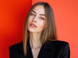 A woman with long brown hair and blue eyes is wearing a black blazer, posing against a bright orange-red background, with a confident expression and slight head tilt photo