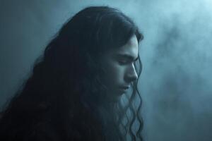 Profile view of a young person with long curly hair and closed eyes, surrounded by soft fog. The lighting is moody, emphasizing the serene and contemplative expression photo