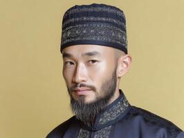 Man with a trimmed beard and mustache wears a traditional dark embroidered hat and matching garment. His expression is neutral, and his attire has intricate patterns and textures photo