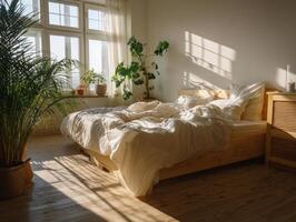 Sunlit bedroom with wooden furniture, cozy unmade bed, white bedding, indoor plants, and large windows. Soft natural light fills the room, creating a warm, inviting atmosphere photo