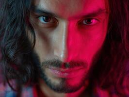 Intense close-up of a man with long hair and a beard, lit by vibrant red and natural light on one side, creating a dramatic effect. The face expresses a serious, focused gaze photo