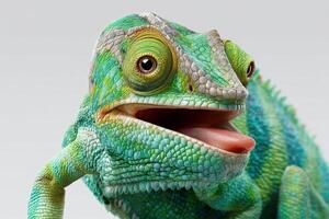 Colorful chameleon with vivid scales and striking eyes sticks out its tongue. Intricate details of skin texture highlight the animal's unique features, creating an engaging visual photo
