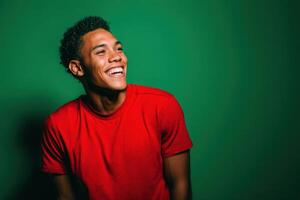 Smiling young adult wearing a bright red shirt, looking to the side, against a plain backdrop. The expression is cheerful and relaxed, with a lively and dynamic pose photo