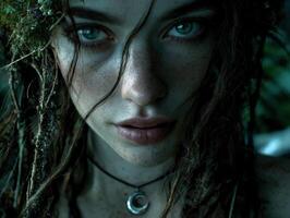 Mystical woman with vivid eyes, freckled face, and dreadlocks adorned with moss. Wears crescent necklace, exudes ethereal, enchanting aura. Shadows accentuate striking features photo
